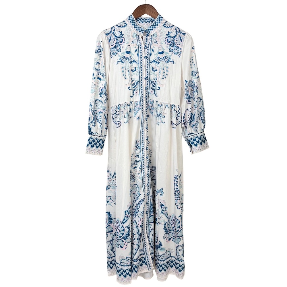NWT Commense Maxi Dress Womens S White Blue Print Full Button Resort Coquette